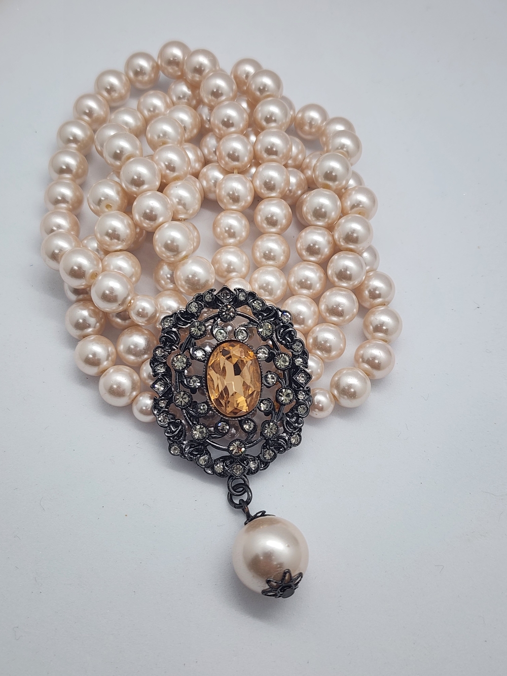 ✨️ 5 For 25 ✨️ Pearl Multi-Strand Stretch Bracelet with Amber Crystal Pendant